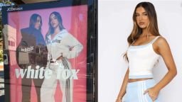 In an image submitted by Adidas in its legal filing, a model wearing White Fox four-stripe shorts poses next to an advertisement for White Fox clothing.