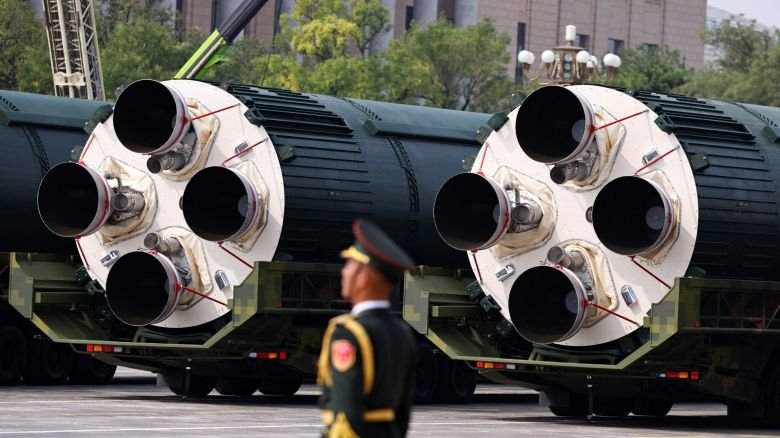 In this September 2025 photo, a member of the People's Liberation Army stands as the strategic strike group displays DF-5C nuclear missiles during a military parade to mark the 80th anniversary of the end of World War Two, in Beijing.