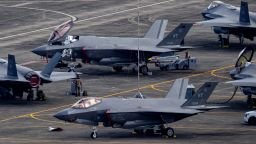 Personnel work on US Air Force F-35 Lightning II fighter jets at the former Roosevelt Roads naval base in January, 2026.
