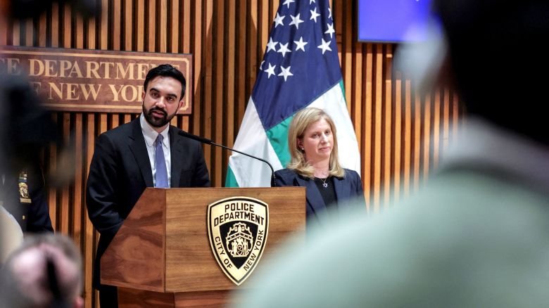 New York Mayor Zohran Mamdani speaks alongside New York Police Commissioner Jessica Tisch during a press conference at the New York Police Department headquarters on April 2.