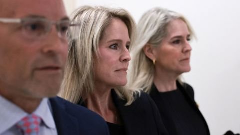 Lesley Groff, longtime executive assistant to Jeffrey Epstein arrives with her entourage for a behind closed doors transcribed interview before the House Oversight Committee on Capitol Hill in Washington, DC, on June 9.