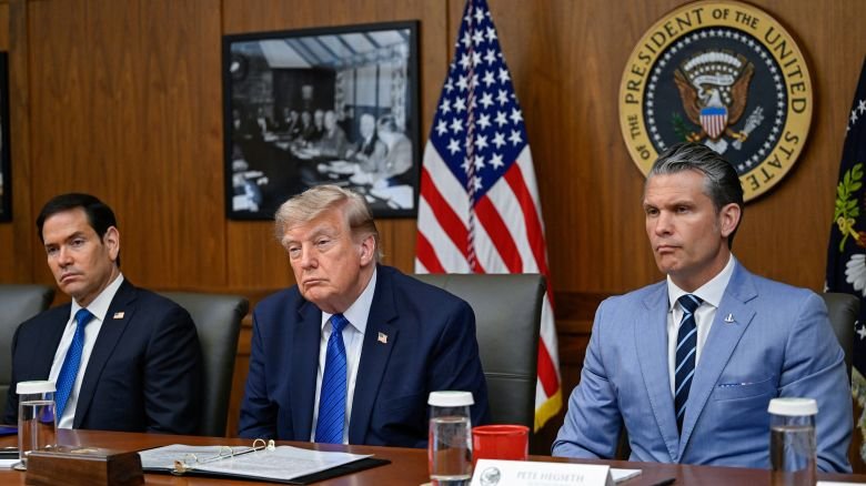 U.S. President Donald Trump, Secretary of State Marco Rubio and Secretary of Defense Pete Hegseth participate in a cabinet meeting at Camp David in Thurmont, Maryland, U.S., July 31, 2026. REUTERS/Daniel Heuer