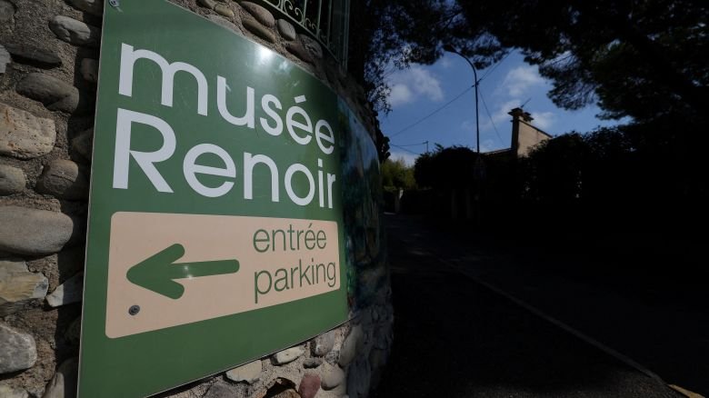 A sign indicates the entrance of the Renoir Museum in Cagnes-sur-Mer, on the French Riviera, France, September 8, 2026.