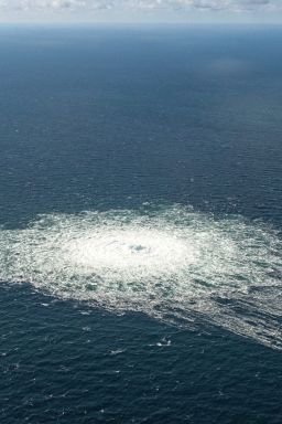 FILE PHOTO: Gas leak at Nord Stream 2 as seen from the Danish F-16 interceptor on Bornholm, Denmark September 27, 2022. Danish Defence Command/Forsvaret  Ritzau Scanpix/via REUTERS    ATTENTION EDITORS - THIS IMAGE WAS PROVIDED BY A THIRD PARTY. DENMARK OUT. NO COMMERCIAL OR EDITORIAL SALES IN DENMARK/File Photo