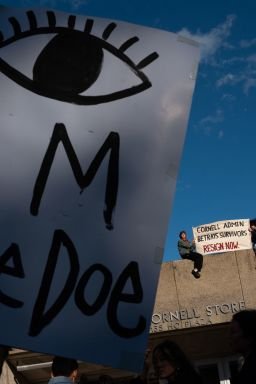 Students on the campus of Cornell University at a protest and rally against the university’s actions after a student was sexually assaulted at a campus fraternity in 2024 on October 5, 2026, in Ithaca, New York.