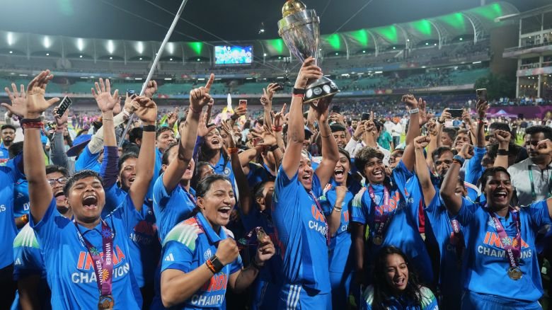 India's players celebrate their win over South Africa in the ICC Women's Cricket World Cup final match in Navi Mumbai, India on November 3, 2025.