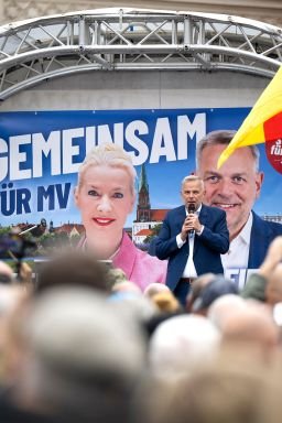 Leif-Erik Holm, the AfD candidate for minister-president in the state election in Mecklenburg-Western Pomerania, speaks at a campaign rally in northern Germany on September 19.