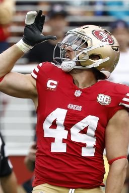 San Francisco 49ers fullback Kyle Juszczyk (44) gestures after a play against the Miami Dolphins during the second half an NFL football game in Santa Clara, Calif., Sunday, Sept. 20, 2026. (AP Photo/Kelley L Cox)
