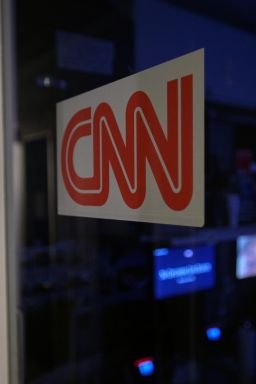 A logo on a booth for CNN is seen in the press area at the White House, Saturday, September 26.