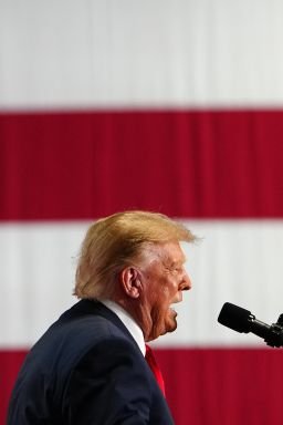 President Donald Trump speaks at a campaign rally at the Oncenter, in Syracuse, New York, on Friday, Oct. 9.