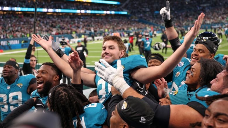 Jacksonville Jaguars place kicker Cam Little (39) celebrates after scoring the winning field goal against the Philadelphia Eagles in London, on Sunday, Oct. 11.