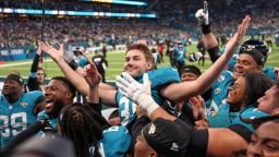Jacksonville Jaguars place kicker Cam Little (39) celebrates after scoring the winning field goal against the Philadelphia Eagles in London, on Sunday, Oct. 11.