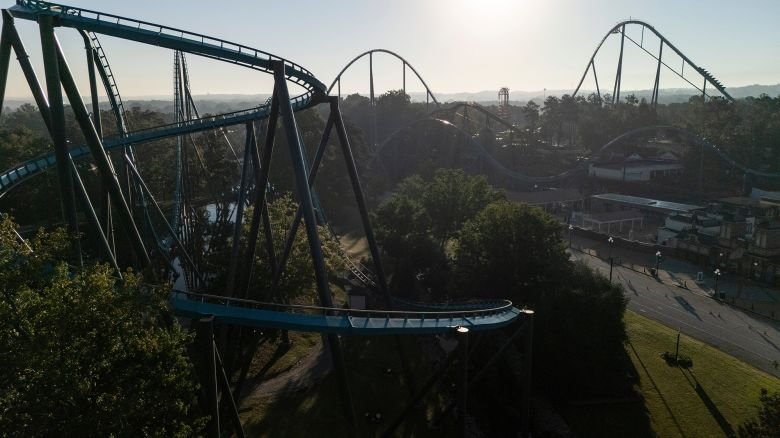 Attractions are seen at Six Flags Over Georgia, about 15 miles (24 kilometers) northwest of Atlanta, Tuesday, Oct. 13, 2026.