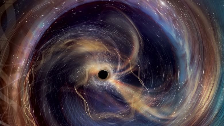 This artwork imagines the ultimate front-row seat for GW250114, a powerful collision between two black holes observed in gravitational waves by the US National Science Foundation LIGO. It depicts the view from one of the black holes as it spirals toward its cosmic partner. Ten years after LIGO's landmark detection of gravitational waves, the observatory's improved detectors allowed it to "hear" this celestial collision with unprecedented clarity. The gravitational-wave data enabled scientists to distinguish multiple subtle tones ringing out like a cosmic bell across the universe (imagined here as intertwining musical threads spiraling toward the center). Though only LIGO was online during GW250114, it now routinely operates as part of a network with other gravitational-wave detectors, including Europe's Virgo and Japan's KAGRA. Image credit: Aurore Simonnet (SSU/EdEon)/LVK/URI