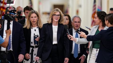 Kathy Ruemmler (center), former chief legal officer at Goldman Sachs, arrives for an interview before the House Oversight and Government Reform Committee over her ties to convicted sex offender Jeffrey Epstein, on Capitol Hill in Washington, D.C., U.S., July 15, 2026.