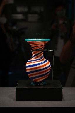 A vase from the Qing Dynasty Qianlong period (1736-1795) is displayed during a media preview of the Hong Kong Palace Museum in Hong Kong on June 22, 2022.
