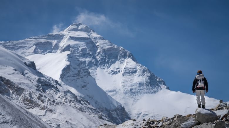 A climber visits Mount Everest on April 23, 2019 in Shigatse, Tibet Autonomous Region of China.