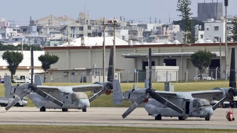 Photo taken in 2023, shows US military MV-22 Osprey tilt-rotor aircraft parked at US Marine Corps Air Station Futenma in Ginowan in the southern Japan island prefecture of Okinawa.