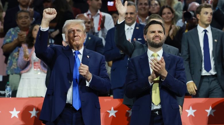 Trump is joined by his recently named vice presidential candidate, then Sen.JD Vance (on the second day of the Republican National Convention on July 16, 2024 in Milwaukee.