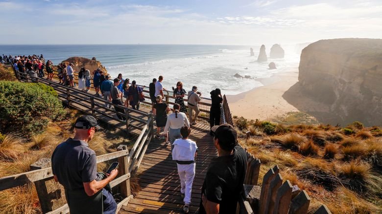 Tourists gather to view the Twelve Apostles in Victoria on April 12, 2025.
