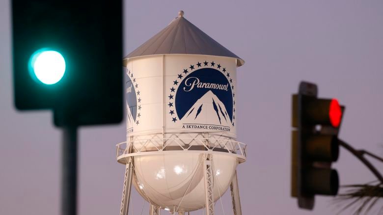 The Paramount logo is displayed on the water tower at Paramount Studios on December 8, 2025 in Los Angeles, California.