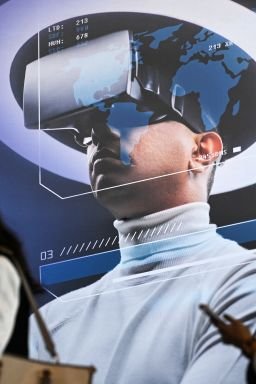 Visitors use mobile phones as they walk past a hoarding of a virtual reality headset displayed at the AI Impact Summit in New Delhi, on February 17, 2026.