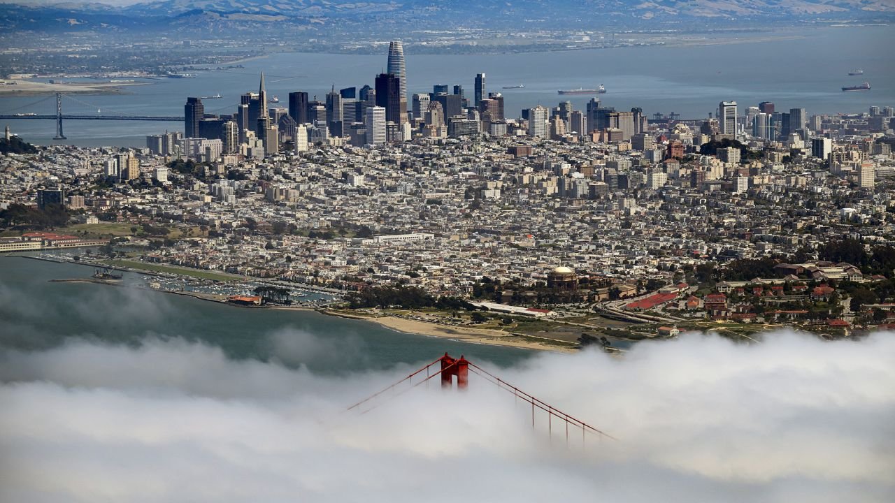Fog rolls by the Golden Gate Bridge in San Francisco, California, on May 20, 2026.