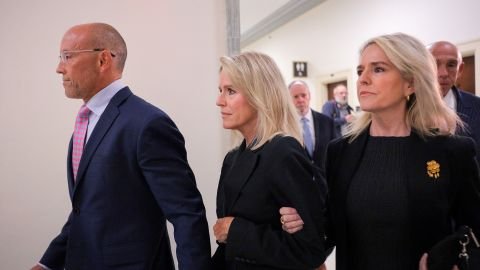 Lesley Groff, center, a former assistant to Jeffrey Epstein, arrives to testify at a closed-door interview with the House Oversight Committee on Capitol Hill on June 9.