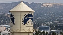 In an aerial view, the Paramount logo is displayed on a water tower at the Paramount Studios lot on July 13, 2026 in Los Angeles, California.