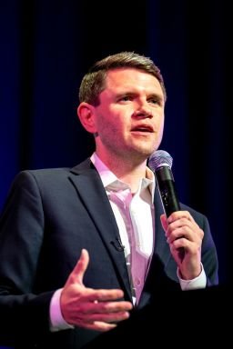 Democratic US Senate candidate James Talarico speaks during a campaign rally in in Kerrville, Texas, on August 31, 2026.