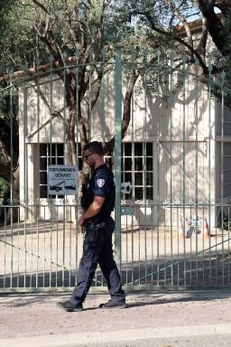 A police officer pictured outside the Renoir Museum in Cagnes-sur-Mer, France, on Tuesday.