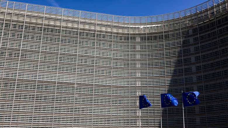 European Union flags fly in front of the European Commission headquarters in Brussels, Belgium, on September 10, 2026.