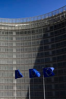 European Union flags fly in front of the European Commission headquarters in Brussels, Belgium, on September 10, 2026.