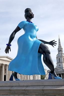 LONDON, ENGLAND - SEPTEMBER 10: The Lady in Blue sculpture by artist Tschabalala Self is unveiled on Trafalgar Square's Fourth Plinth on September 10, 2026 in London, England. Lady in Blue by artist Tschabalala Self has been selected as the 16th official commission for Trafalgar Square's Fourth Plinth, scheduled for unveiling on September 10, 2026. The 10-foot-tall painted bronze sculpture features a Lapis Lazuli blue finish and depicts an everyday metropolitan woman to represent the modern spirit of London. (Photo by Dan Kitwood/Getty Images)
