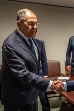From left, Sergey Lavrov, Russia's foreign minister, bids farewell to Johann Wadephul, Germany's foreign minister, after a meeting on the sidelines of the UN General Assembly session at the United Nations, on Saturday, September 26.