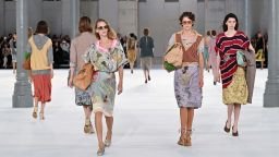PARIS, FRANCE - SEPTEMBER 30: (EDITORIAL USE ONLY - For Non-Editorial use please seek approval from Fashion House) A model walks the runway during the Dries Van Noten Womenswear Spring/Summer 2027 show as part of Paris Fashion Week on September 30, 2026 in Paris, France. (Photo by Dominique Charriau/WireImage)