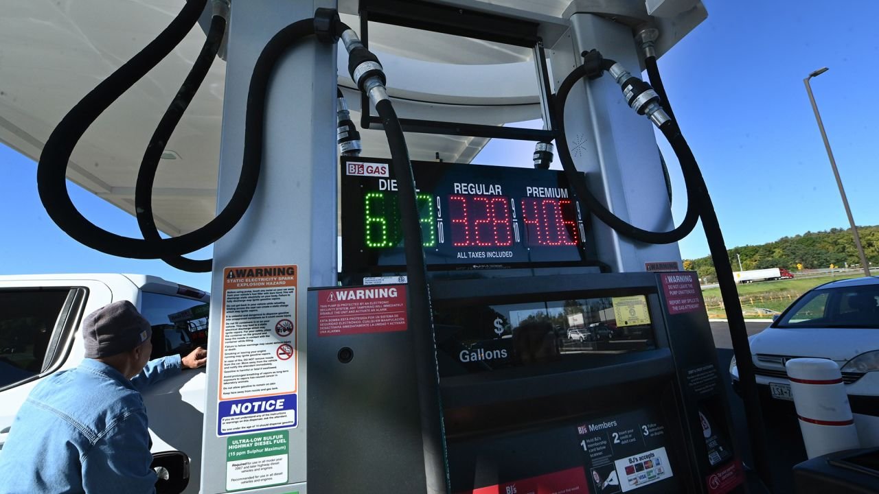 David Rotundo of Blue Mountain Lake fills his pickup truck with gasoline on October 6, 2026, in Rotterdam, New York.