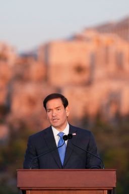 US Secretary of State Marco Rubio speaks at the Pnyx hill, where ancient Athenians held democratic assemblies, with the ancient Parthenon temple atop the Acropolis seen in the background, in Athens, Greece, on Wednesday.