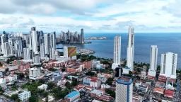 This aerial view shows Panama Bay after a severe 7.6 magnitude earthquake hit the country, in Panama City on October 9, 2026. According to the U.S. Geological Survey (USGS), a magnitude 7.6 earthquake shook Panama sparking panic in the capital, though no casualties or damage have been reported so far.