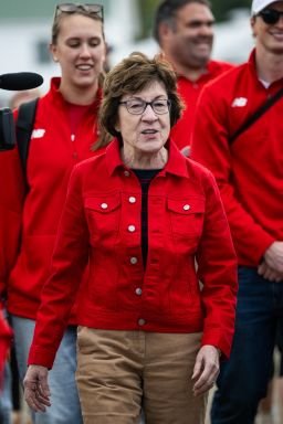 Sen. Susan Collins, a Republican from Maine, speaks to members of the media while campaigning ahead of the midterm election at the Fryeburg Fair in Fryeburg, Maine, on October 9, 2026.