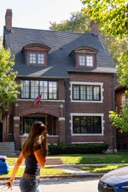 The Alpha Epsilon Pi fraternity house is seen near the University of Chicago campus on October 12, 2026, where an alleged sexual assault was reported at a weekend party. (Brian Cassella/Chicago Tribune/Tribune News Service via Getty Images)