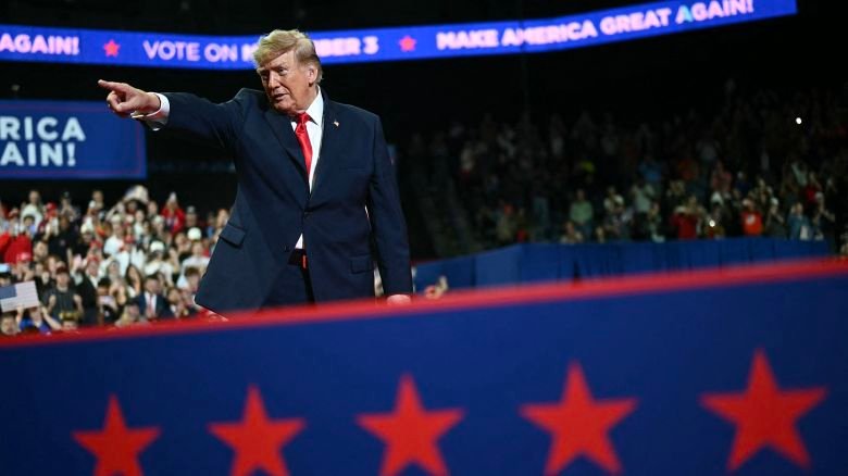 US President Donald Trump gestures during a campaign rally at the Covelli Centre in Youngstown, Ohio, on October 12, 2026.