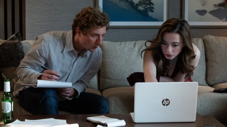Jeremy Allen White as Jeff Horwitz and Mikey Madison as Frances Haugen in a scene from Aaron Sorkin's "The Social Reckoning."